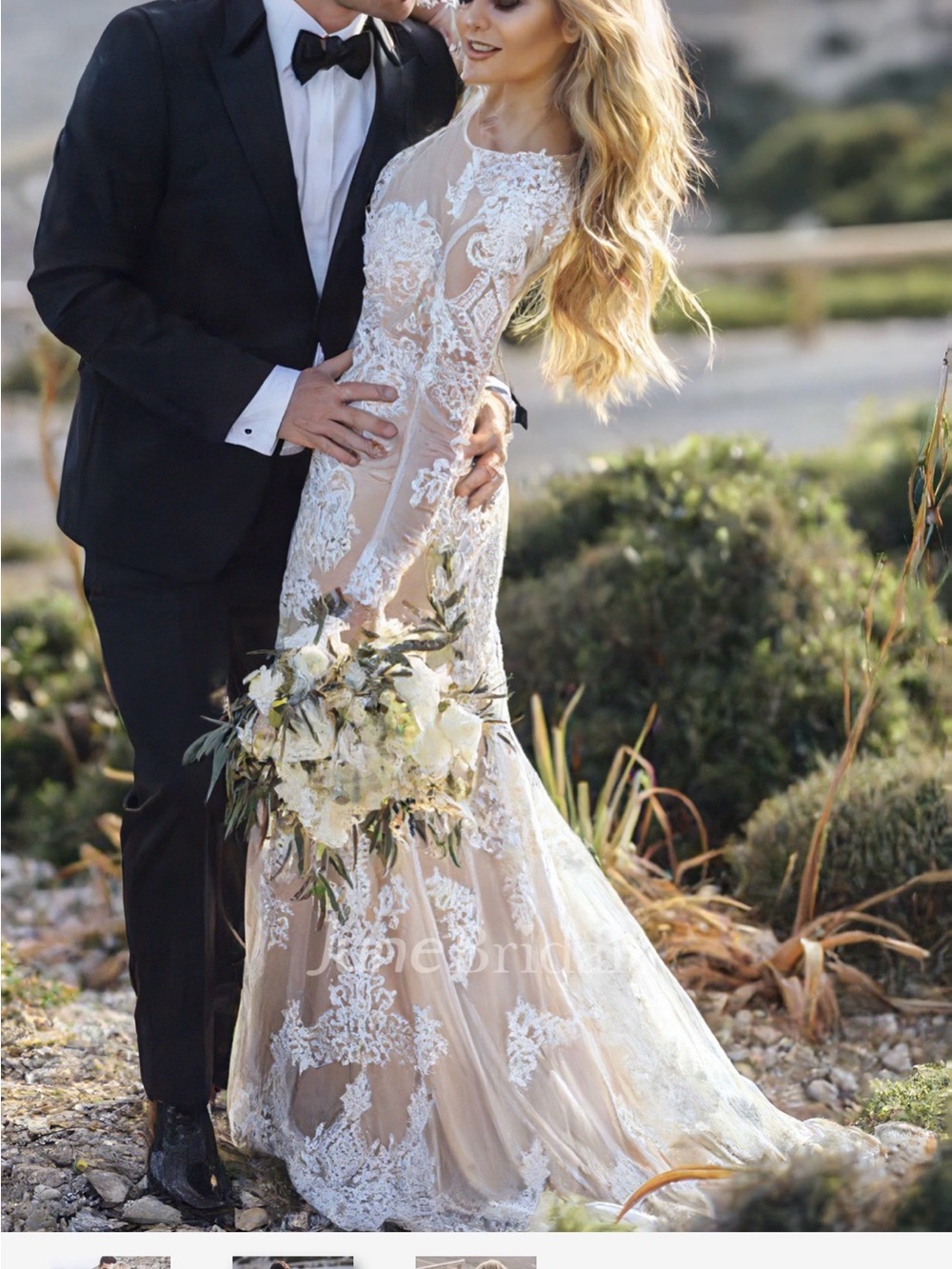 Illusion Lace Mermaid Wedding Dress in Blush and White, Size 6